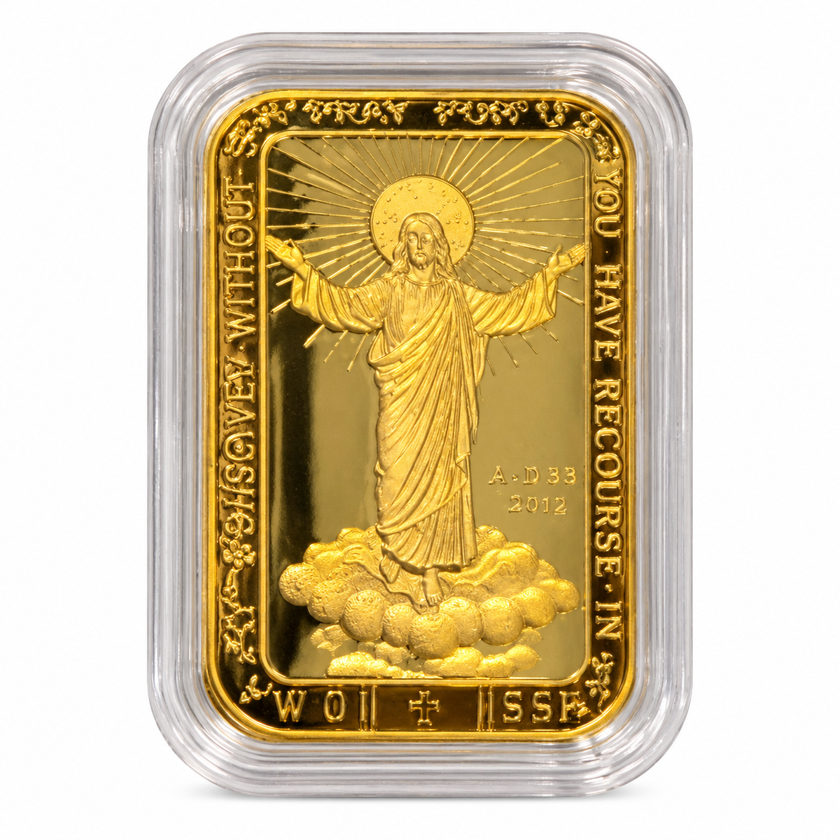 24K pure gold Risen Jesus Christ bar, 10mg .999 fine gold, in a clear protective capsule