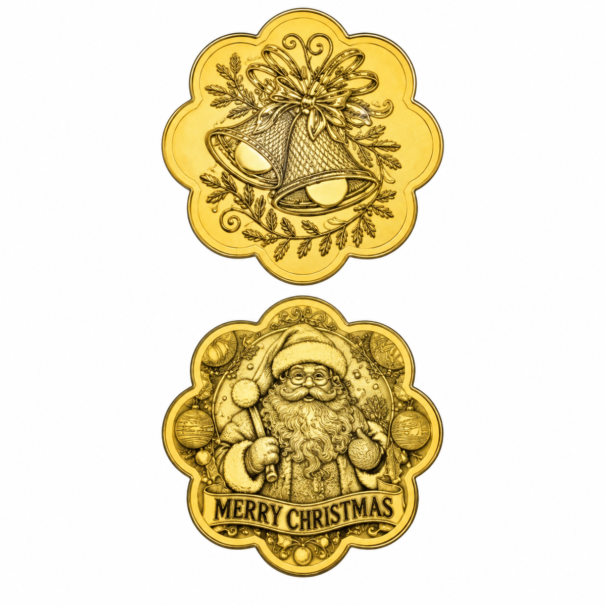 24K pure gold Merry Christmas coin with Santa Claus and Christmas bells, 10mg .999 fine gold