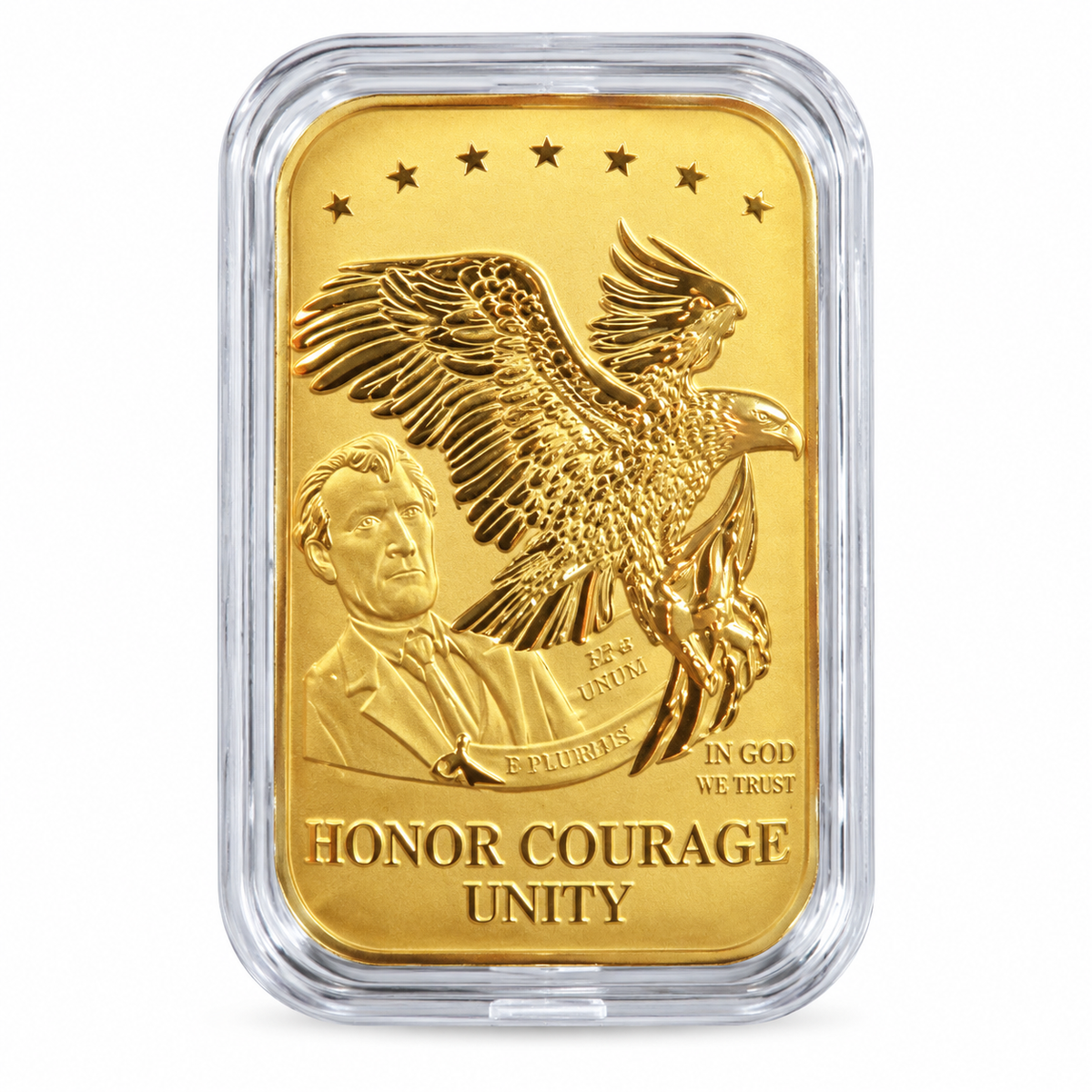 24K pure gold American Bald Eagle Honor Courage Unity bar, 10mg .999 fine gold, in a protective capsule