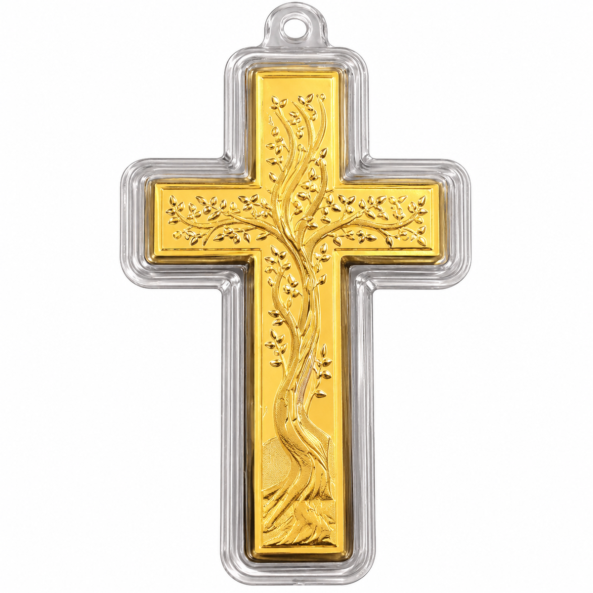 24K pure gold Tree of Life cross, 10mg .999 fine gold, in a hangable cross-shaped capsule