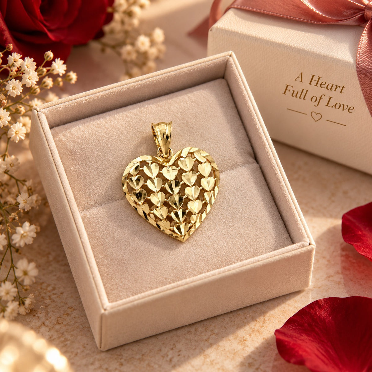 14k Italian Solid Real Yellow Gold Hearts On Heart Pendant Charm