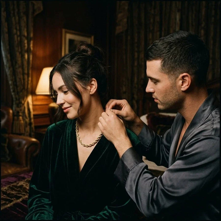 A man gently fastens a gold chain necklace around a woman’s neck.