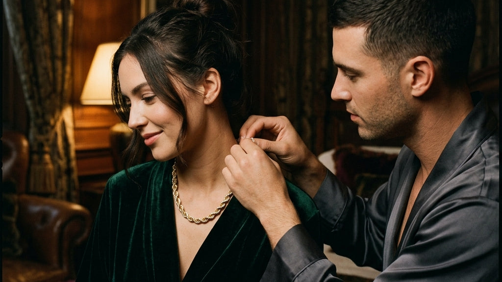 Man fastening a 14K gold rope chain necklace around his wife's neck as a gift
