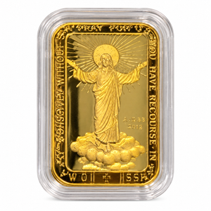 24K pure gold Risen Jesus Christ bar, 10mg .999 fine gold, in a clear protective capsule