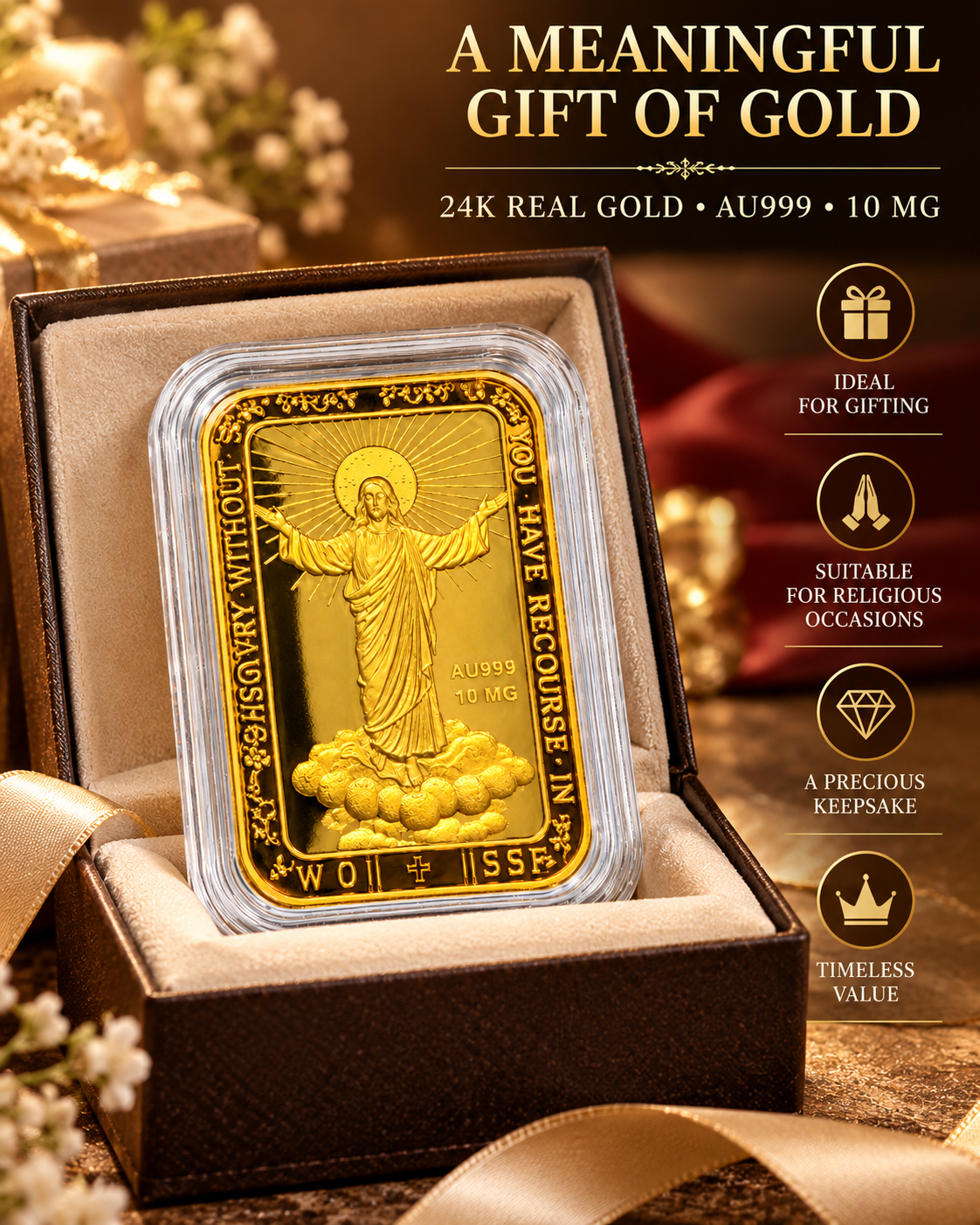 Risen Jesus Christ 24K fine gold piece in a gift presentation