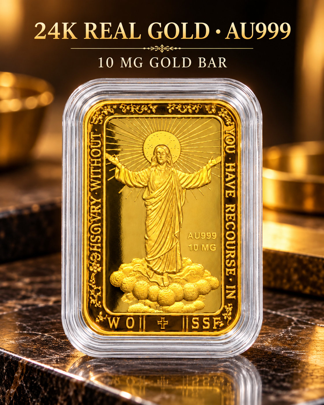 Risen Jesus Christ 24K fine gold piece, 10mg, styled display