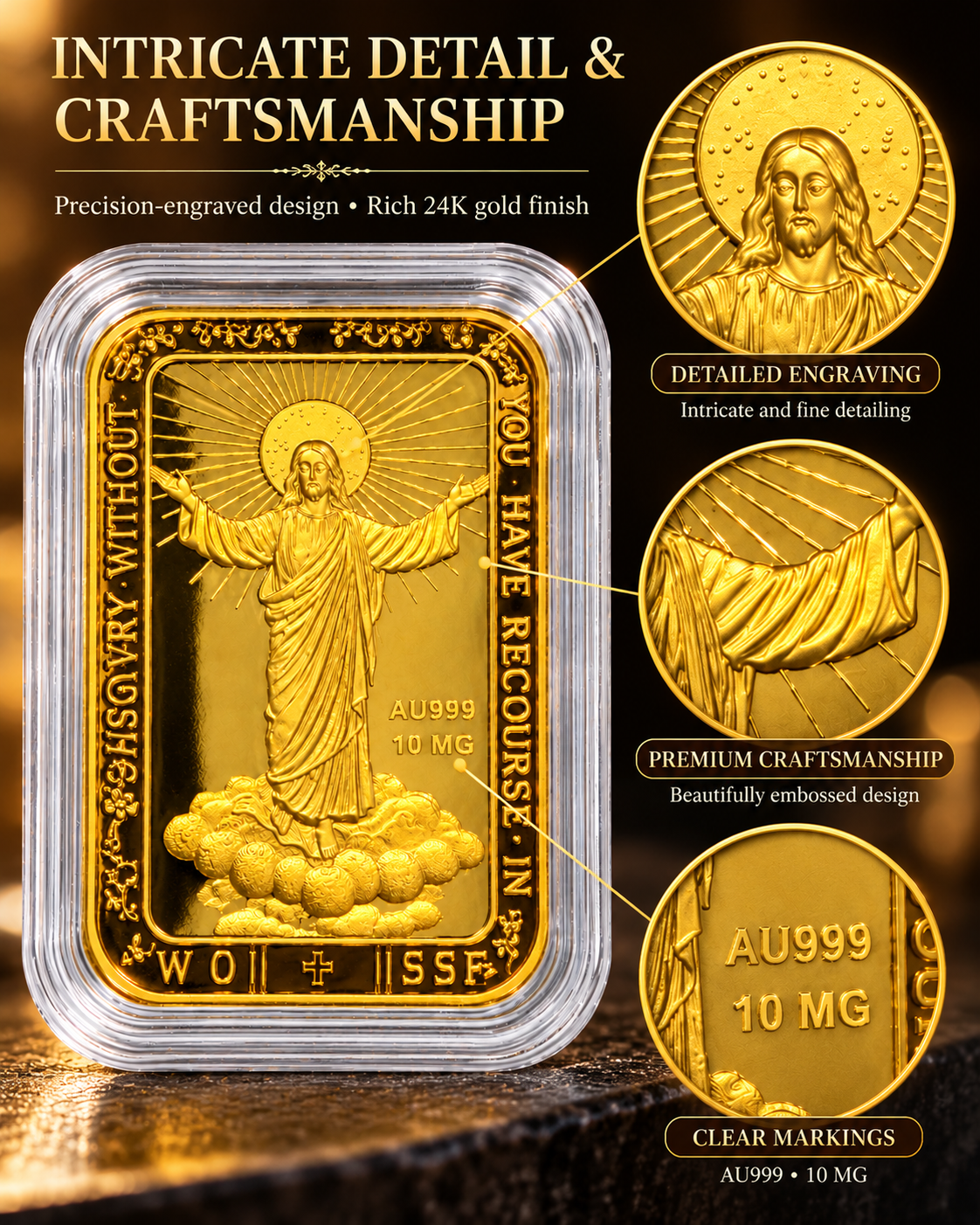 Close-up of Risen Jesus Christ 24K gold piece design details