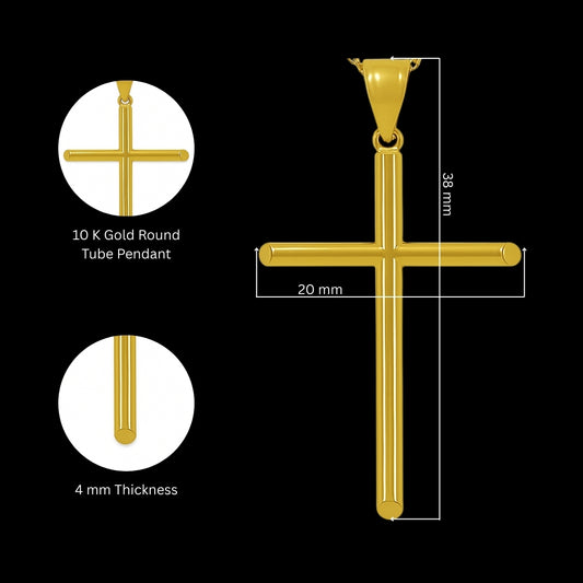 10K Italian Yellow Gold Cross Round Tube Pendant
