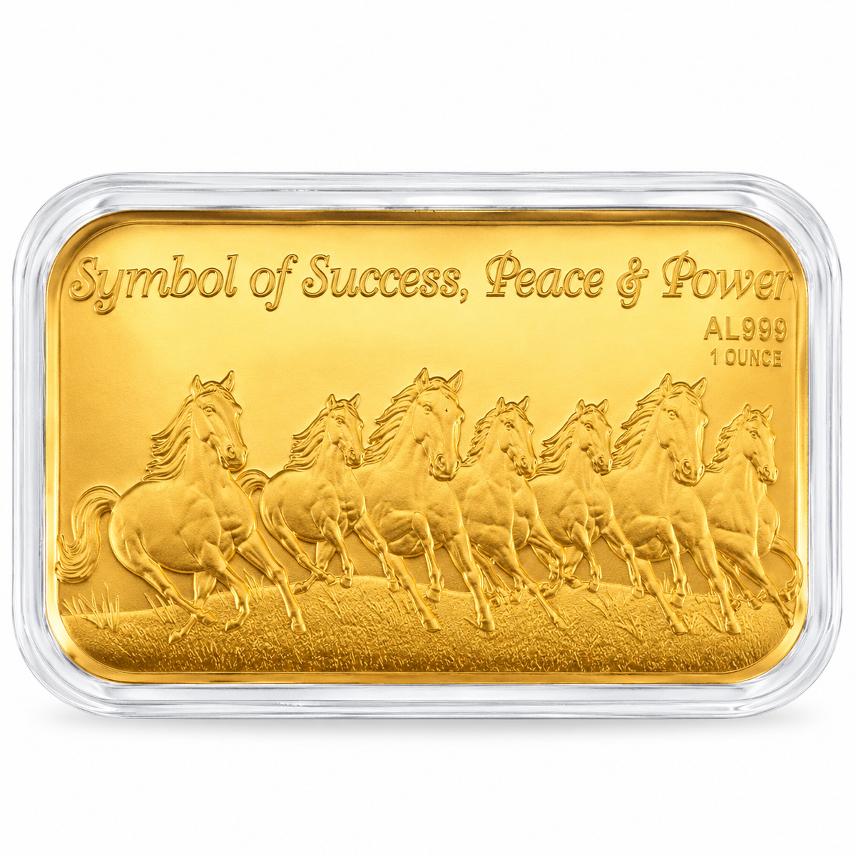 24K pure gold Seven Running Horses bar, 10mg .999 fine gold, in a protective capsule