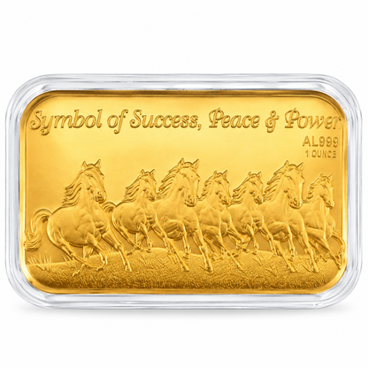 Seven Running Horses 24K fine gold piece, 10mg, 99.99% pure gold, in a protective capsule