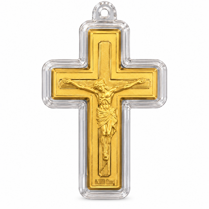 Crucifix Cross 24K fine gold piece, 10mg, 99.99% pure gold, in a hangable cross-shaped capsule