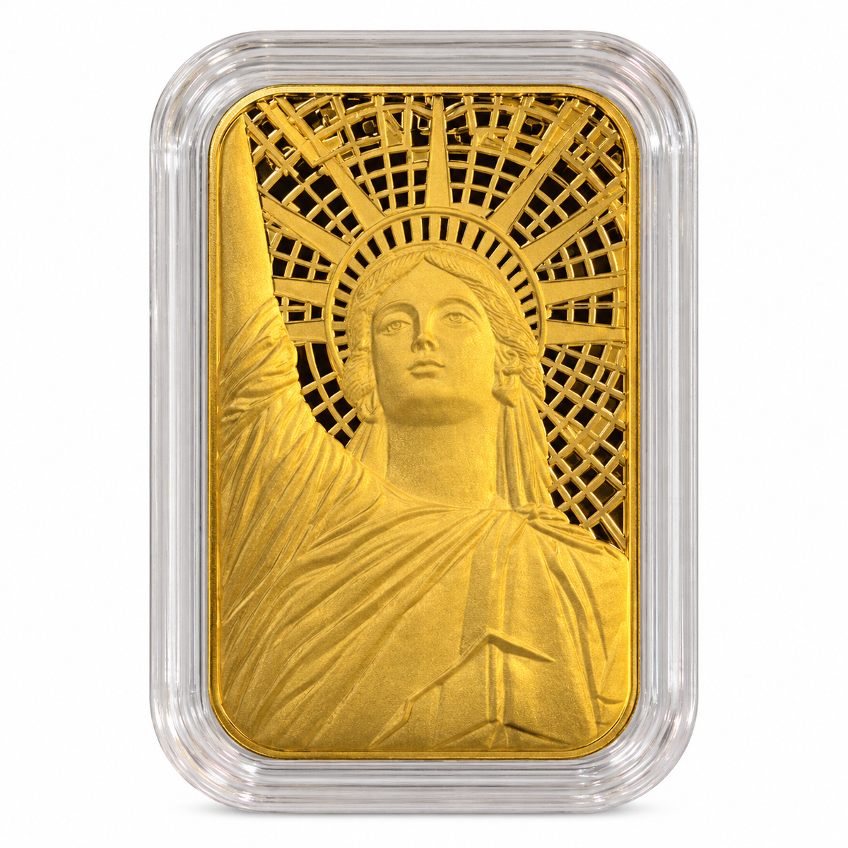 Statue of Liberty 24K fine gold piece, 10mg, 99.99% pure gold, in a protective capsule