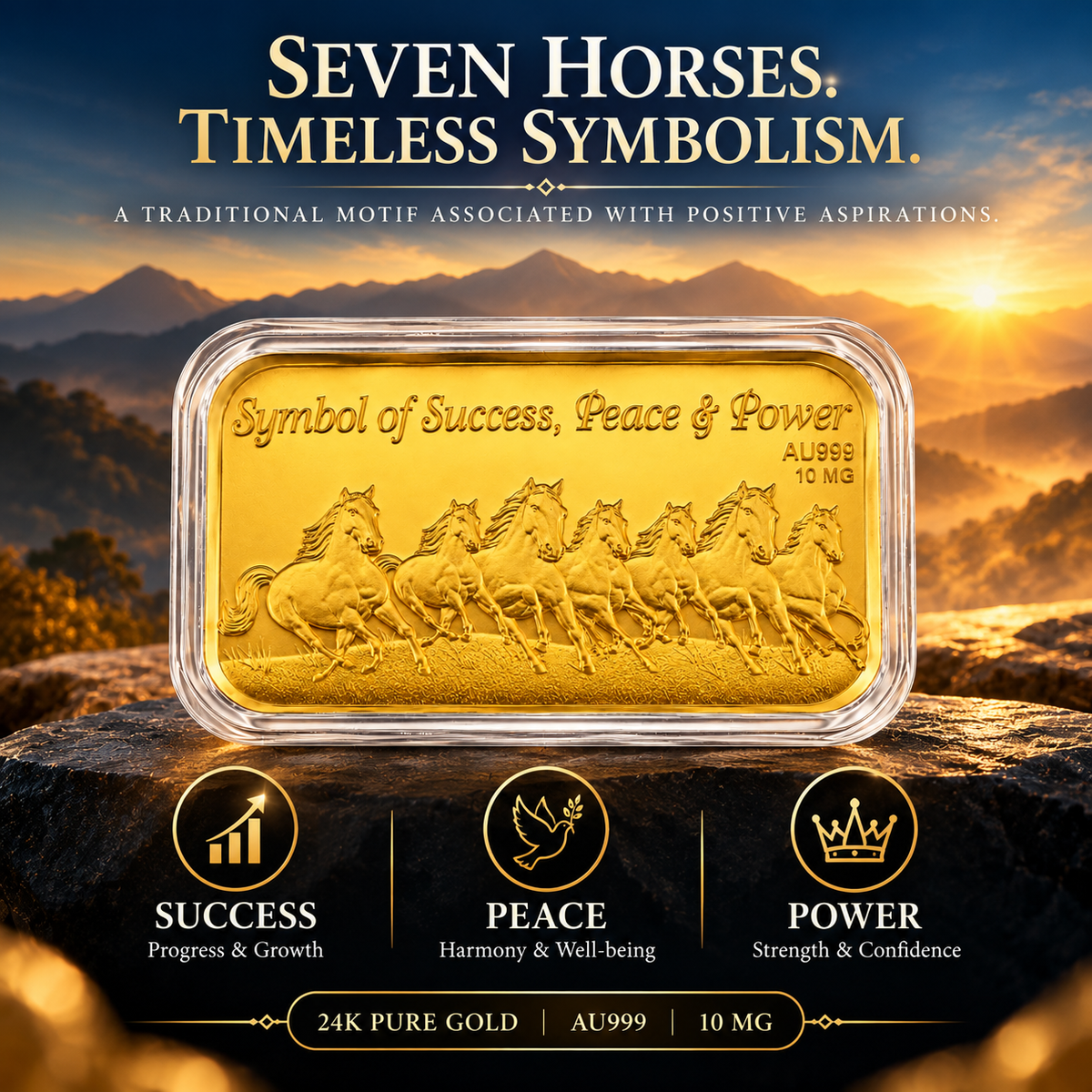 Seven Running Horses 24K fine gold piece in a gift presentation