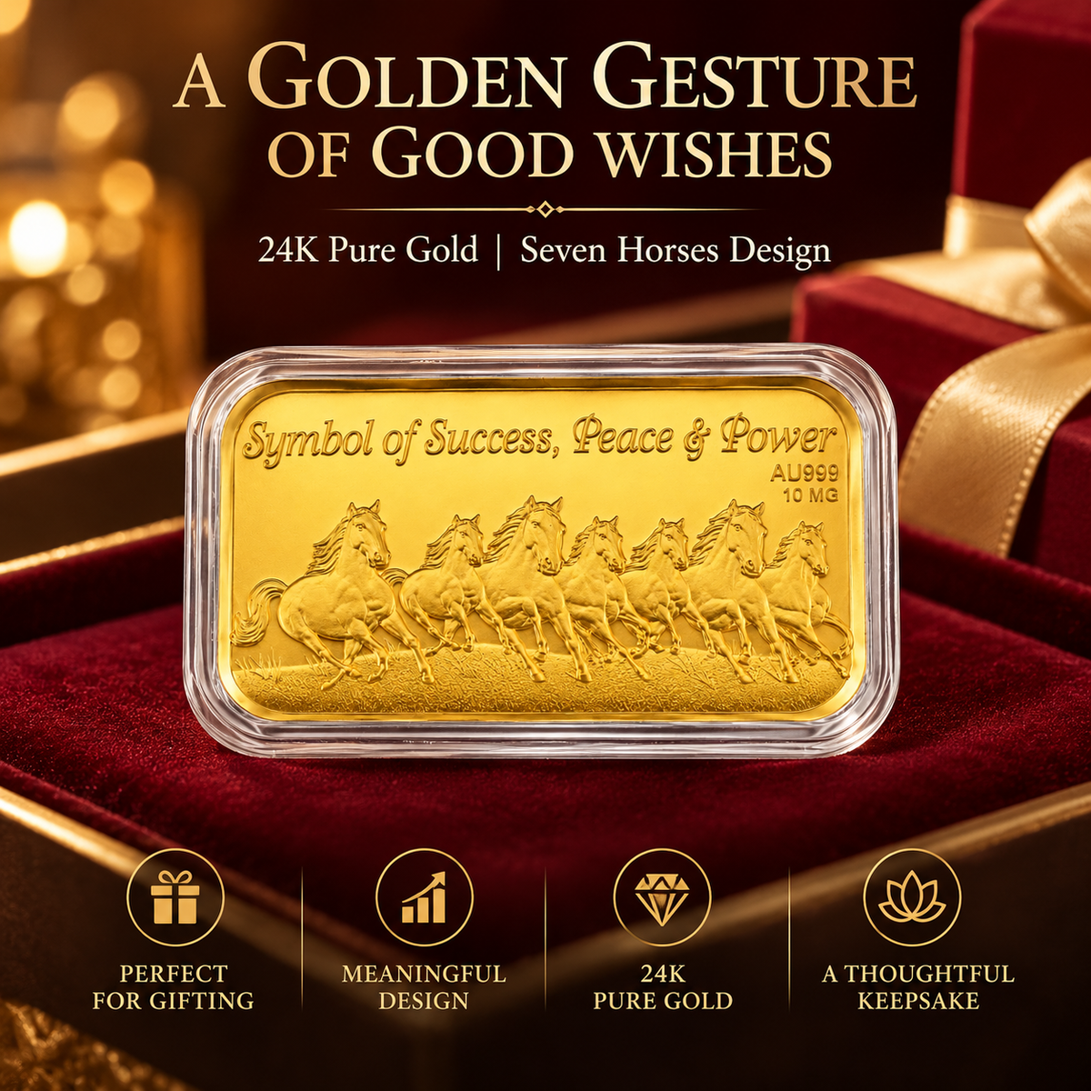Seven Running Horses 24K fine gold piece, 10mg, styled display