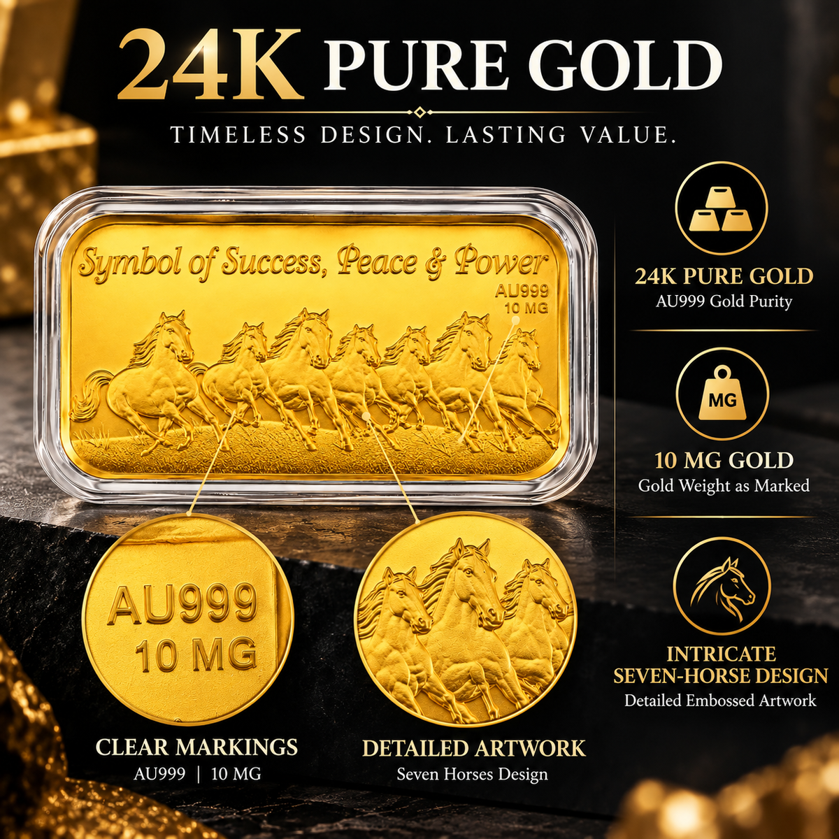 Close-up of Seven Running Horses 24K gold piece design details
