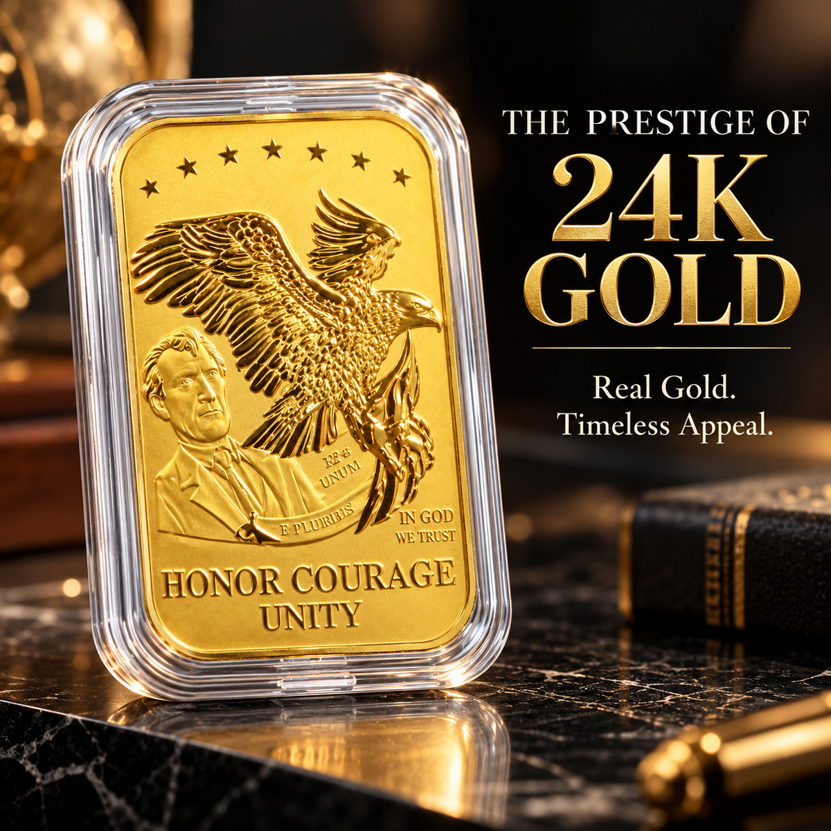 American Bald Eagle 24K fine gold piece, 10mg, styled display