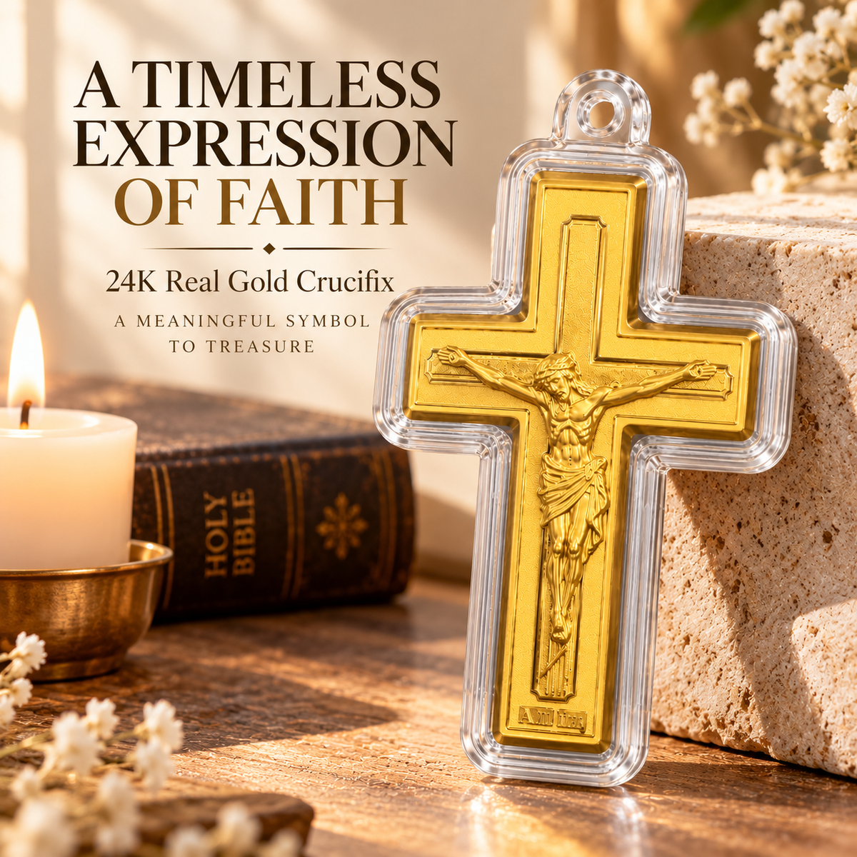 Crucifix Cross 24K fine gold piece in a gift presentation