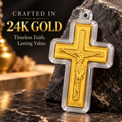 Crucifix Cross 24K fine gold piece, 10mg, styled display