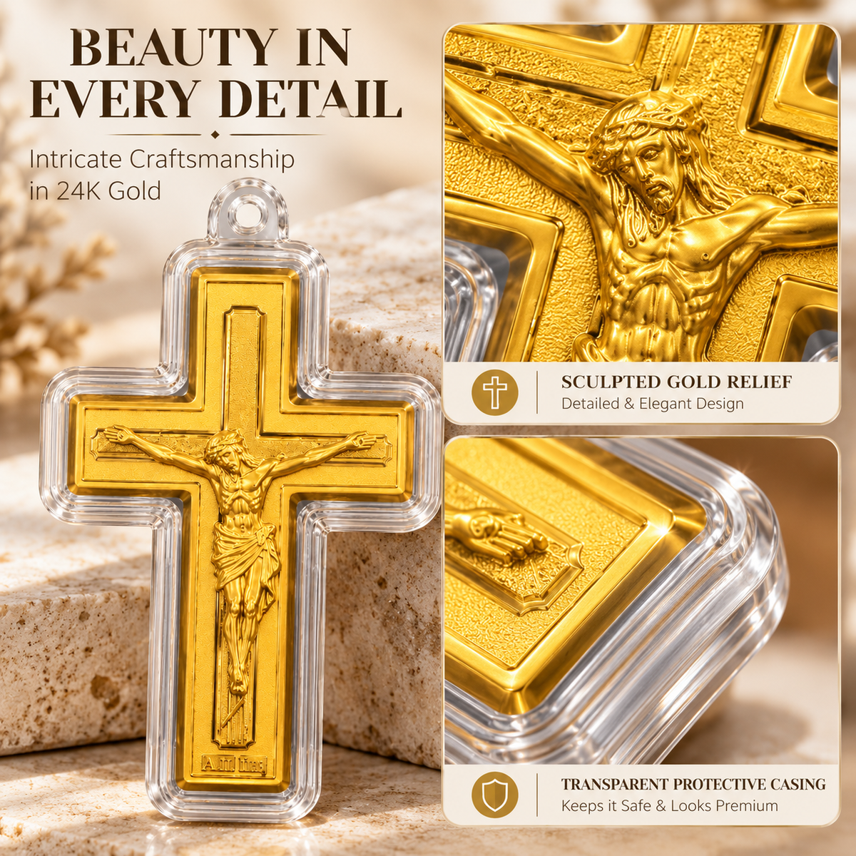 Close-up of Crucifix Cross 24K gold piece design details