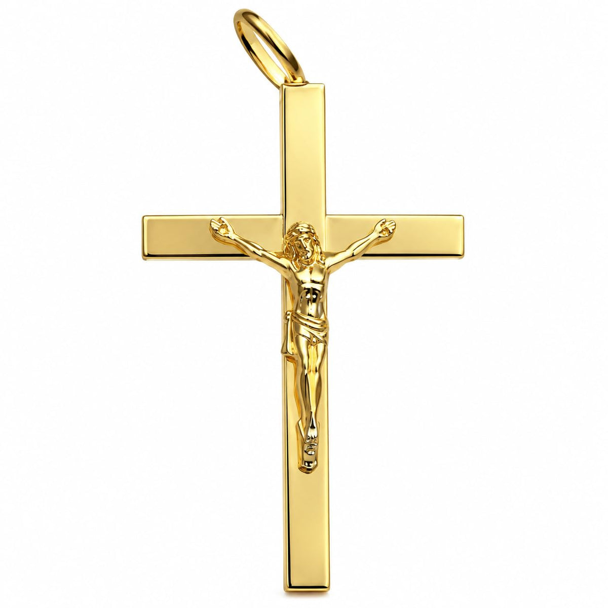 10K solid yellow gold crucifix pendant with detailed Jesus figure on a polished cross