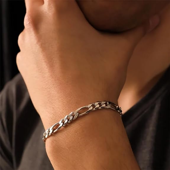 925 Sterling Silver Figaro Solid Bracelet (8gm-9.4gm)