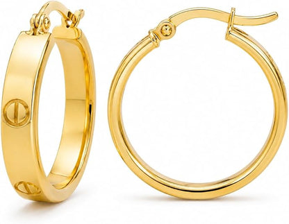 10K Yellow Gold Love Screw Hoop Earrings – 4mm Thick, 24mm Diameter, 3.2g