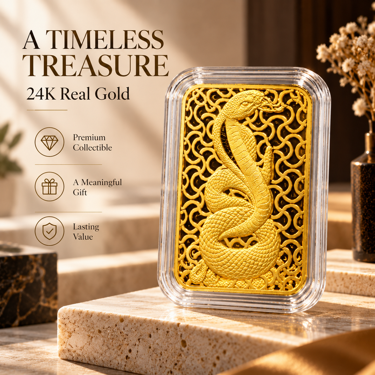 Year of the Snake 24K fine gold piece in a gift presentation
