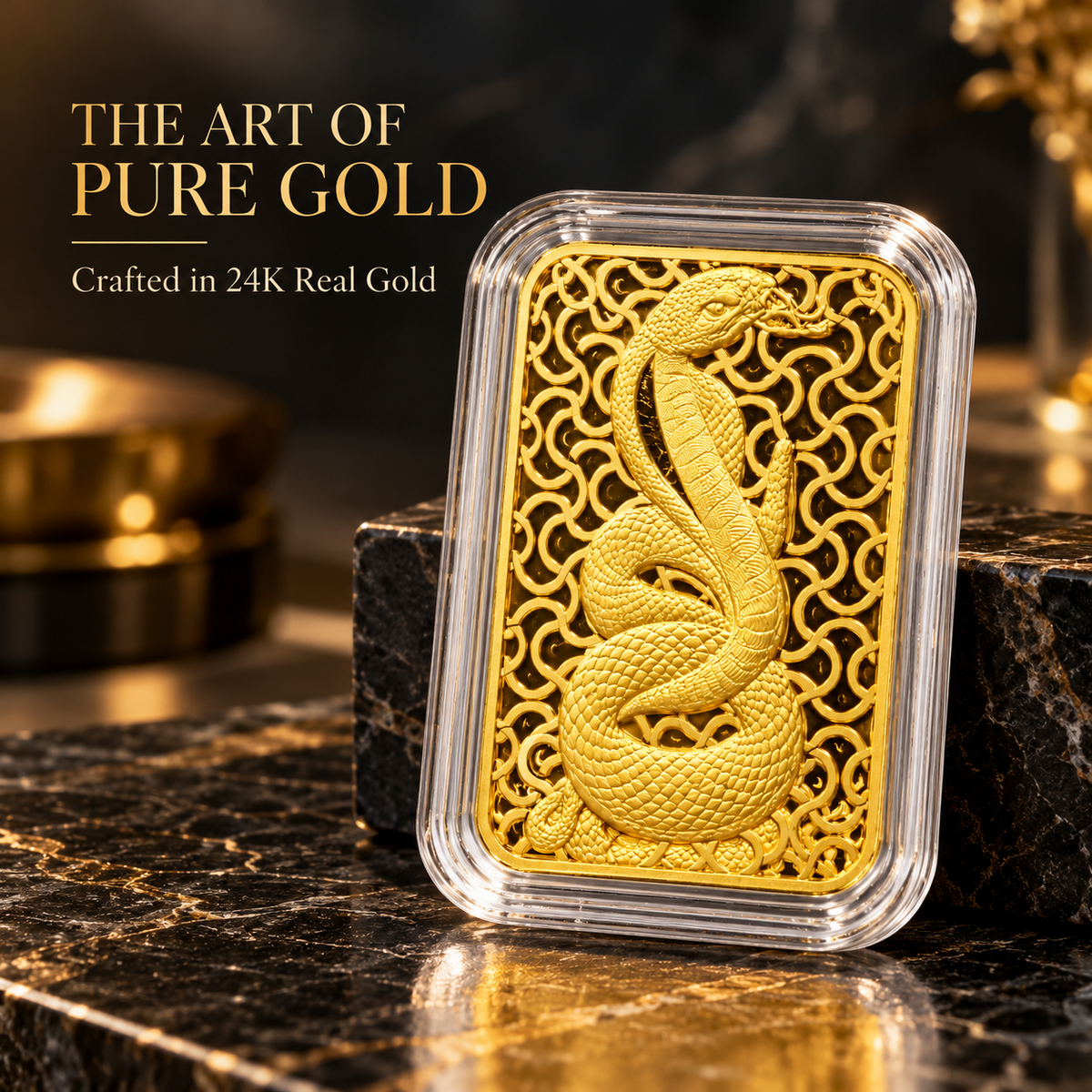 Year of the Snake 24K fine gold piece, 10mg, styled display