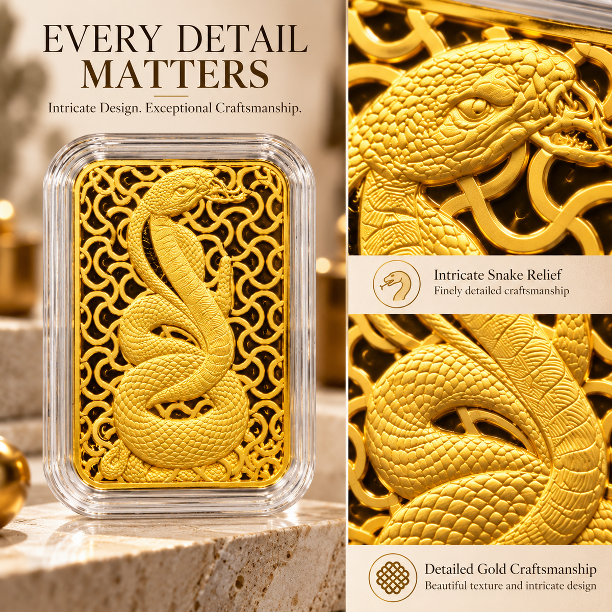 Close-up of Year of the Snake 24K gold piece design details