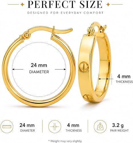 10K Yellow Gold Love Screw Hoop Earrings – 4mm Thick, 24mm Diameter, 3.2g