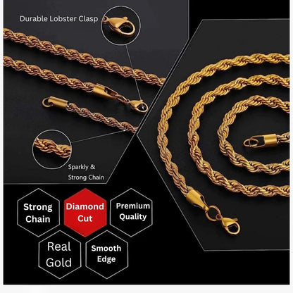 Italian 18K Real Solid Gold 3.0mm, 3.6mm & 4.1mm Rope Chain Necklace  (18"-26")