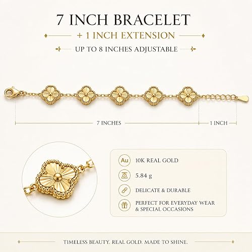 10K Yellow Gold Clover Station Bracelet – 7 Inch + 1 Inch Adjustable Extension