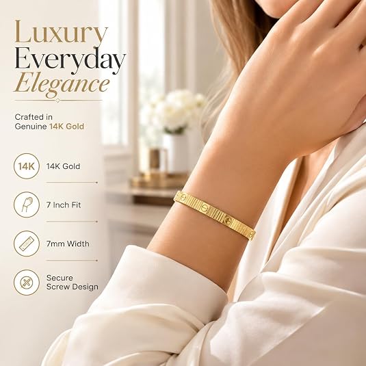 14K Solid Yellow Gold Love Screw Bracelet – 7mm, (7 & 7.5 Inch)