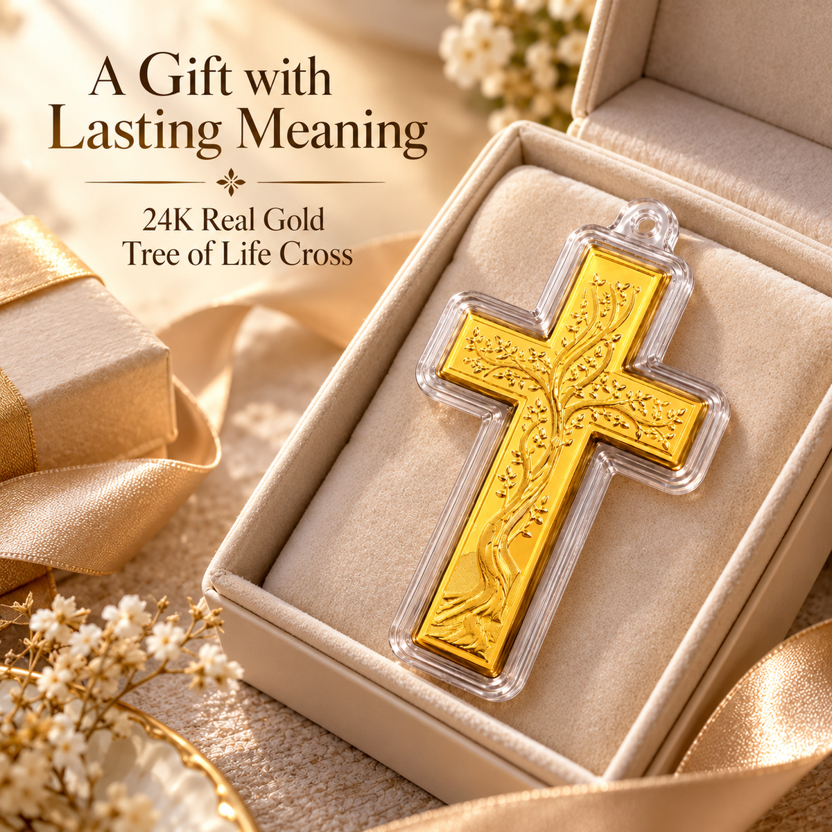 Tree of Life Cross 24K fine gold piece in a gift presentation
