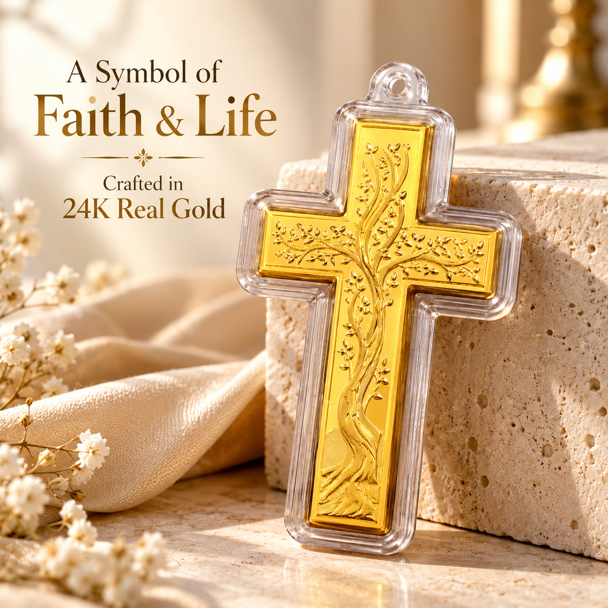 Tree of Life Cross 24K fine gold piece, 10mg, styled display