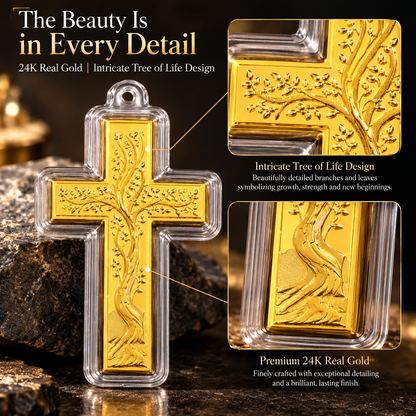 Close-up of Tree of Life Cross 24K gold piece design details