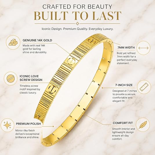 14K Solid Yellow Gold Love Screw Bracelet – 7mm, (7 & 7.5 Inch)