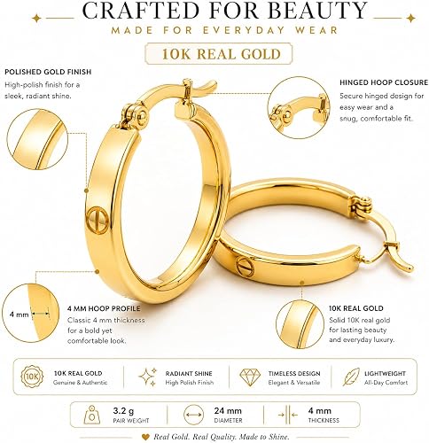 10K Yellow Gold Love Screw Hoop Earrings – 4mm Thick, 24mm Diameter, 3.2g