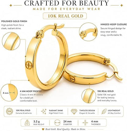 10K Yellow Gold Love Screw Hoop Earrings – 4mm Thick, 24mm Diameter, 3.2g