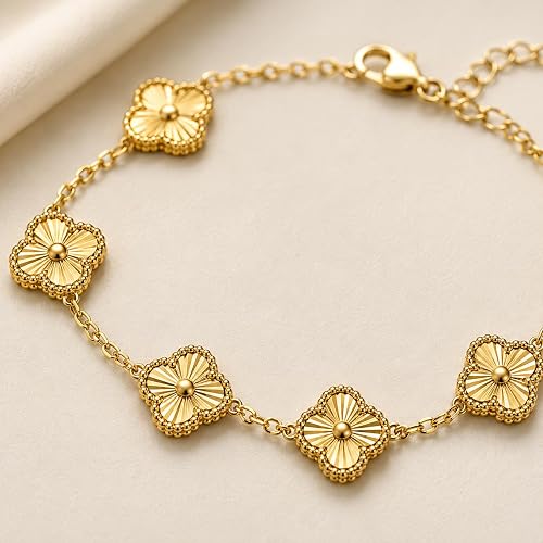 10K Yellow Gold Clover Station Bracelet – 7 Inch + 1 Inch Adjustable Extension