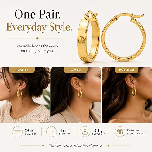 10K Yellow Gold Love Screw Hoop Earrings – 4mm Thick, 24mm Diameter, 3.2g