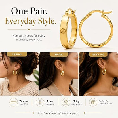 10K Yellow Gold Love Screw Hoop Earrings – 4mm Thick, 24mm Diameter, 3.2g