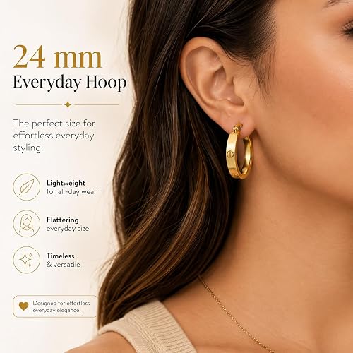 10K Yellow Gold Love Screw Hoop Earrings – 4mm Thick, 24mm Diameter, 3.2g