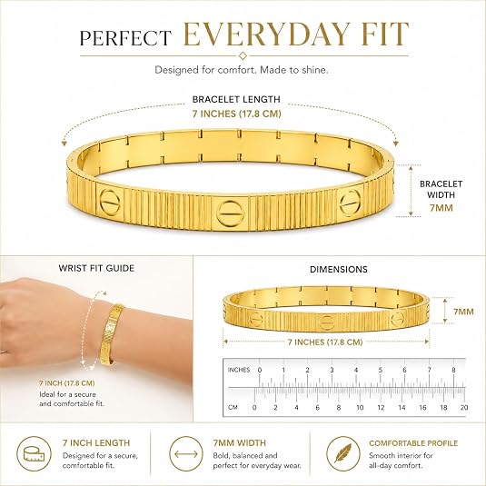 14K Solid Yellow Gold Love Screw Bracelet – 7mm, (7 & 7.5 Inch)