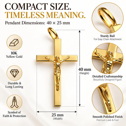 Close-up details of 10K gold Jesus crucifix pendant, corpus, bail and polished edges