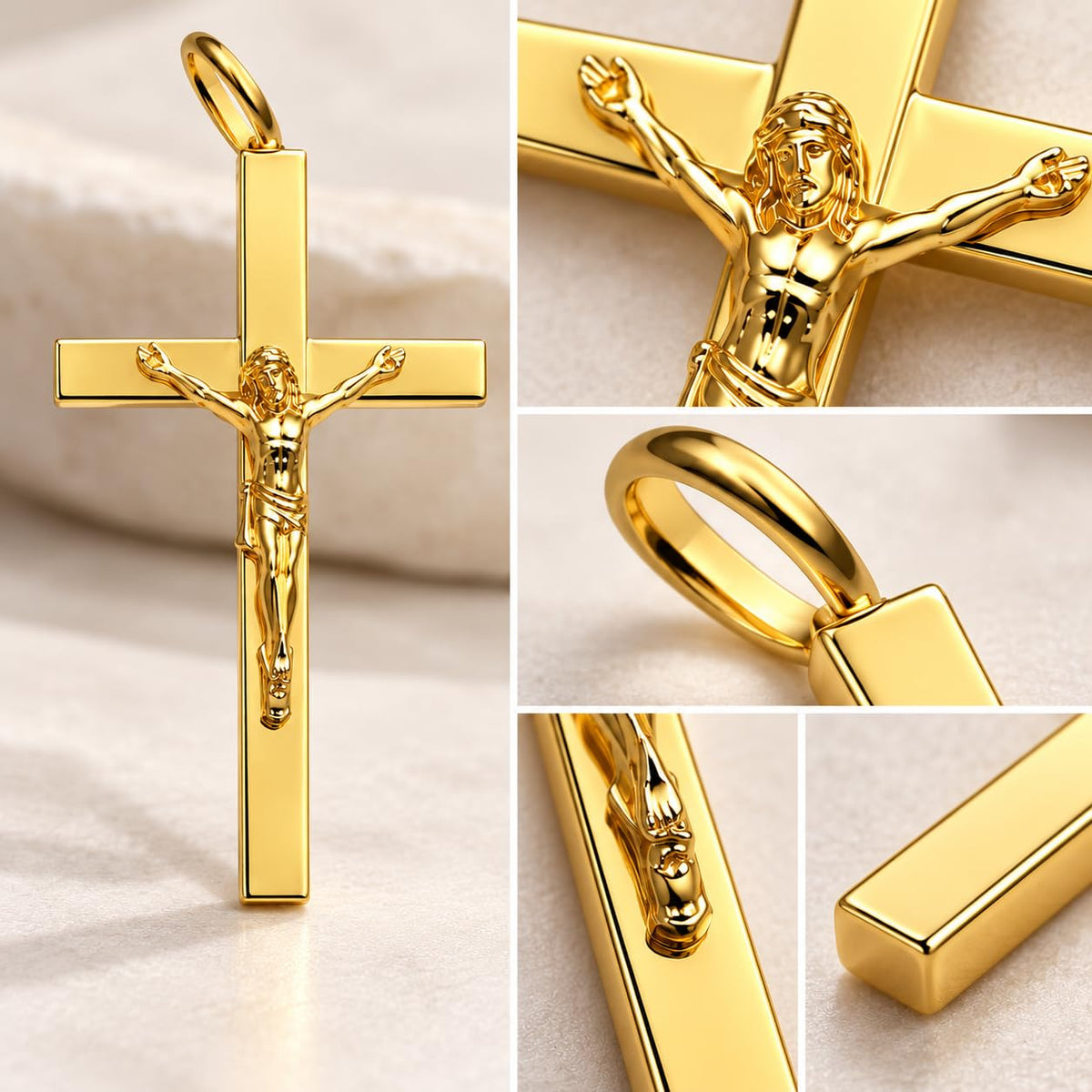 10K gold Catholic crucifix pendant in a Shop WGS black gift box, ready for gifting