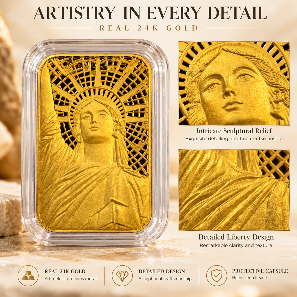 Close-up of Statue of Liberty 24K gold piece design details