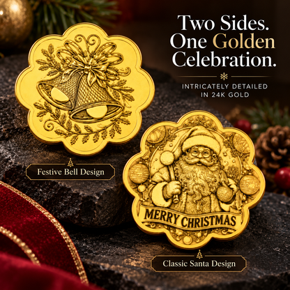 Both sides of the Merry Christmas 24K gold coin: Christmas bells and Santa Claus