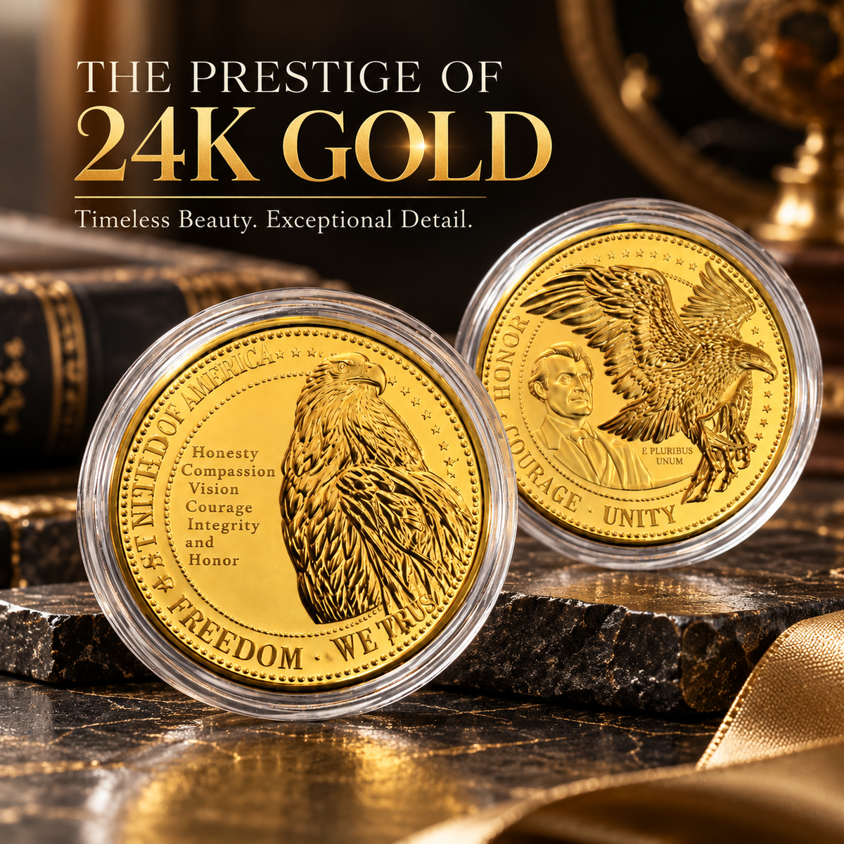 American Bald Eagle 24K fine gold coin, 10mg, styled display