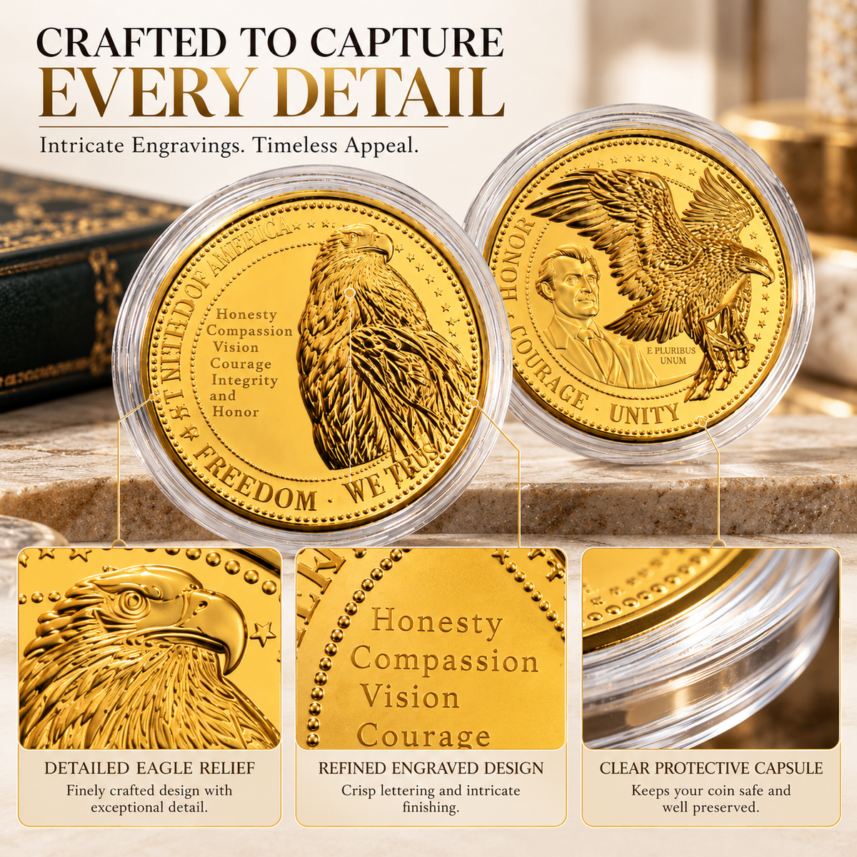 Close-up of American Bald Eagle 24K gold coin design details
